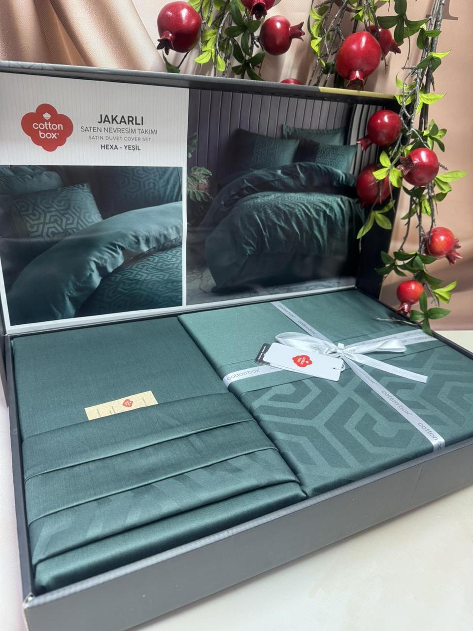 Постільна білизна сатин жакард євро розмір Cotton Box Hexa Yesil, фото 1