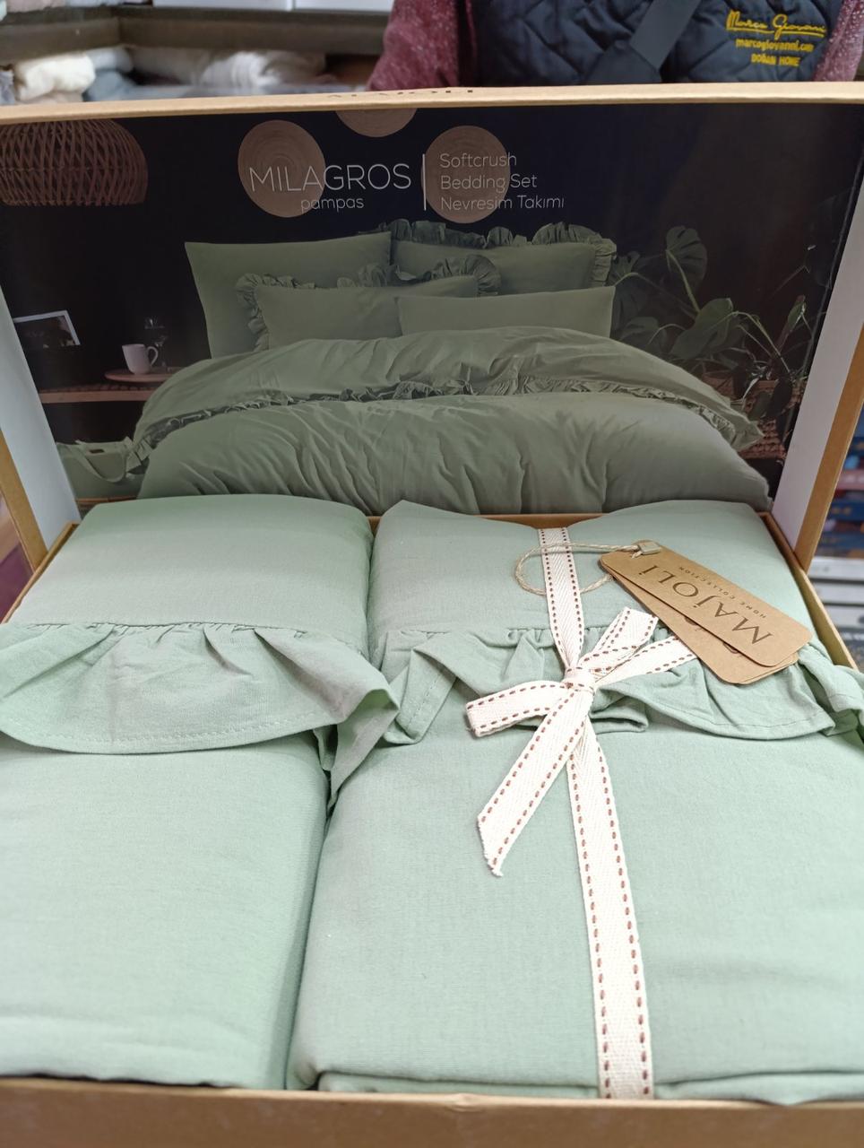 Постільна білизна однотонна з рюшем ранфорс євро розмір Majoli Milagros pampas, фото 1