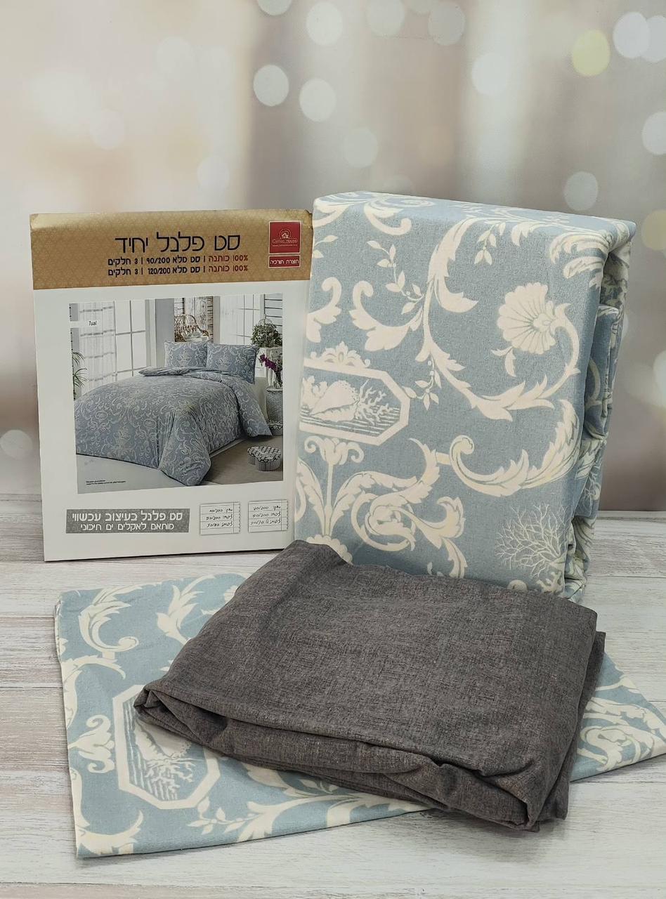 Постільна білизна фланелева байкова полуторний розмір з простирадлом на резинці Cotton House сіра, фото 1