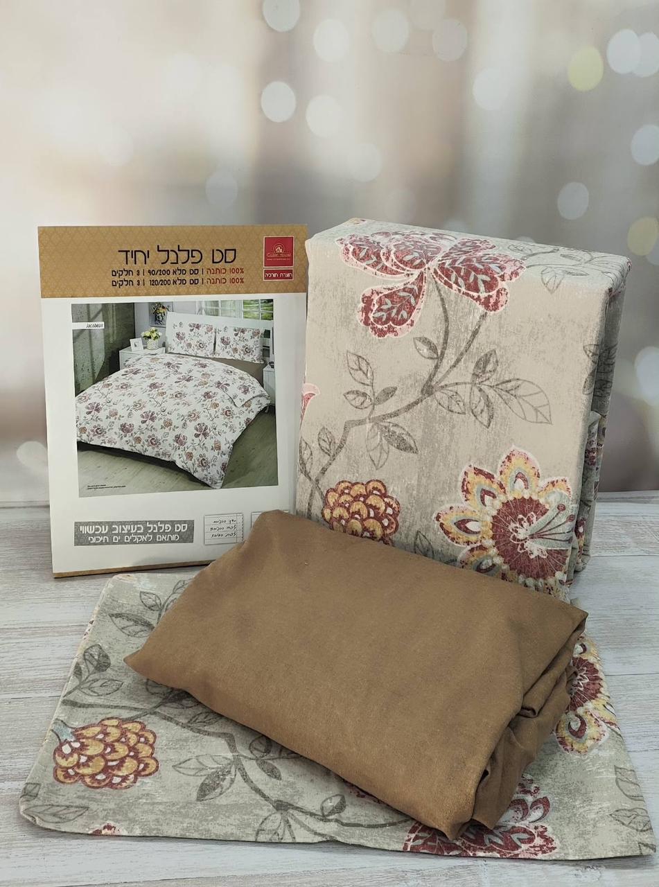 Постільна білизна фланелева байкова полуторний розмір з простирадлом на резинці Cotton House капучіно, фото 1