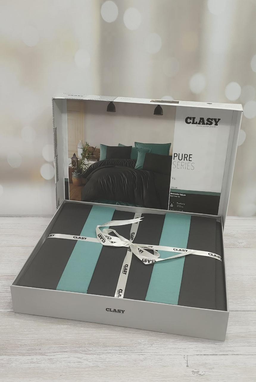 Постільна білизна однтонона ранфорс євро розмір Clasy чорно бірюзове, фото 1