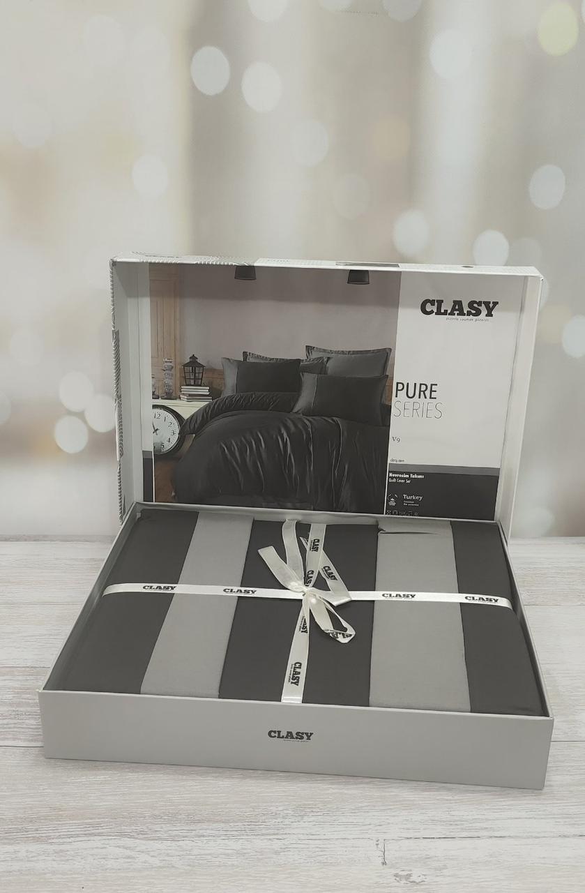 Постільна білизна однтонона ранфорс євро розмір Clasy чорно сіра, фото 1