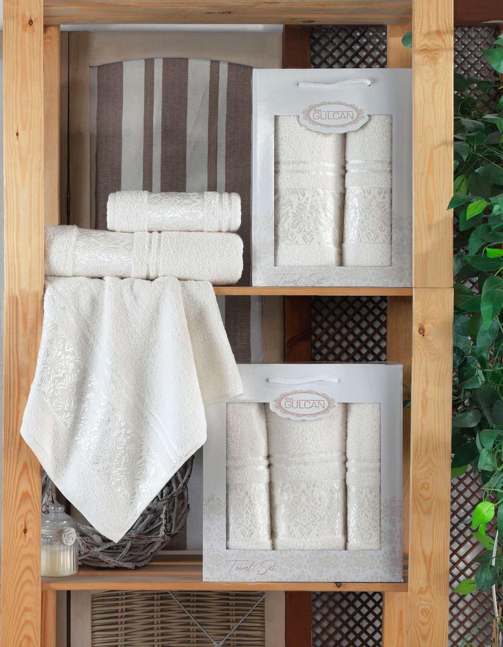 Набір махрових рушників 1 банне та 2 лицьових в подарунковій упаковці Gulcan Туреччина кремовий, фото 1
