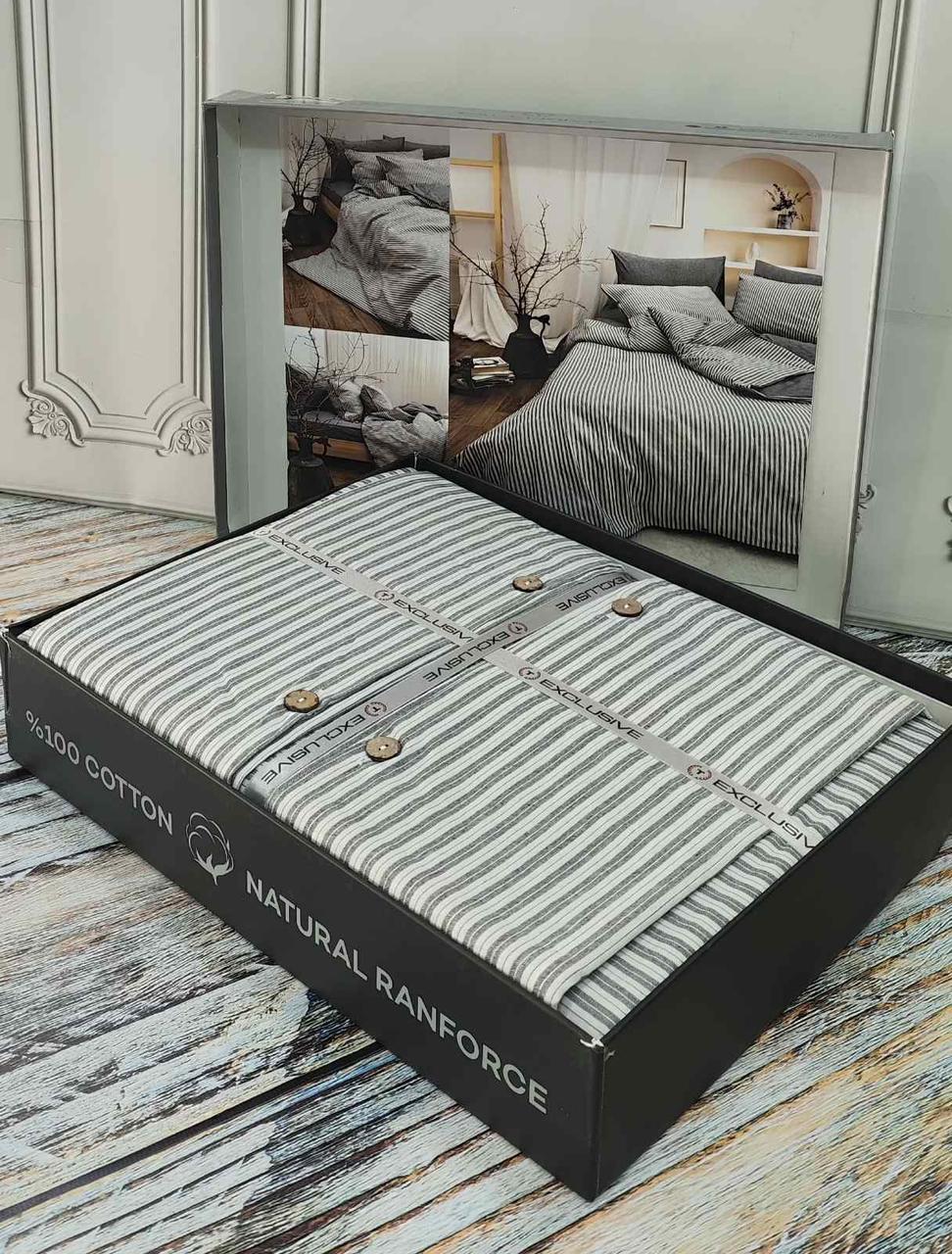 Постільна білизна ранфорс з простирадлом на гумці  євро розмір Exclusive сіра смужка, фото 1