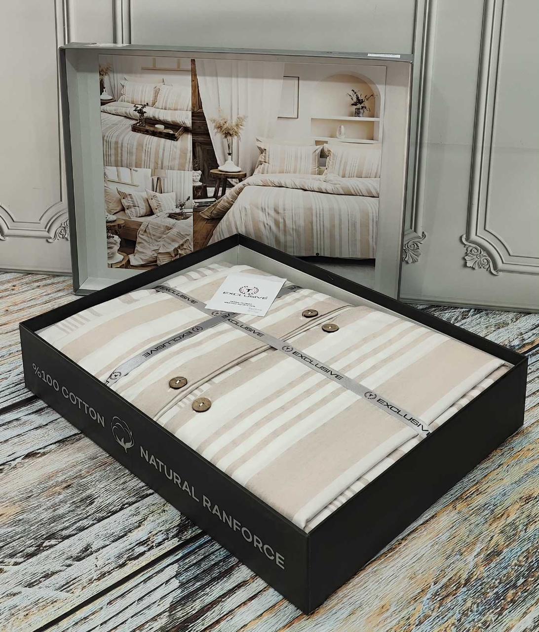 Постільна білизна ранфорс з простирадлом на гумці  євро розмір Exclusive бежева, фото 1