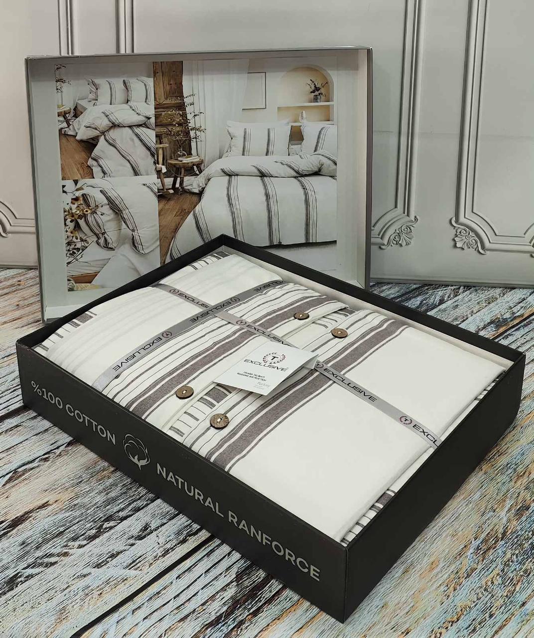 Постільна білизна ранфорс з простирадлом на гумці євро розмір Exclusive кремова, фото 1