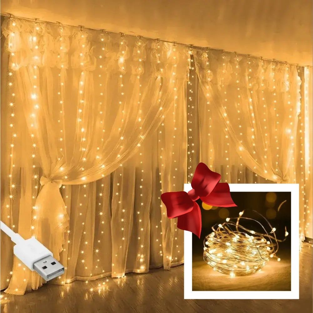 Гірлянда штора "Роса" від USB + 220V + пульт, 3x3м, 300 LED, 10 ниток, 8 режимів, IP44 +Подарунок, фото 1