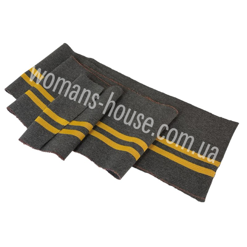 Манжетна гумка Дов'яз трикотажний 120/15 см ХБ Темно-сірий меланж із двома смугами жовтий, фото 1