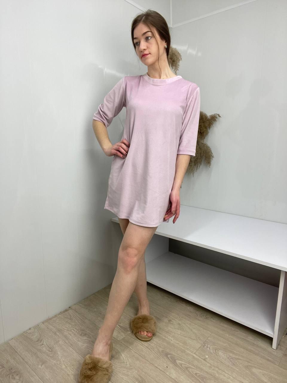 Стильна жіноча велюрова сорочка пеньюар прямого фасону пудрова, фото 1