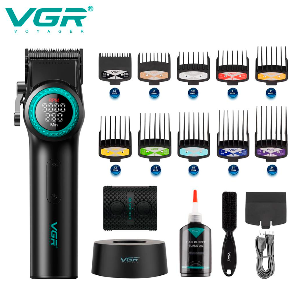 Акумуляторна машинка для стрижки VGR V-001, 10 насадок, 9000 RPM, АКБ 4600 mAh, LED дисплей, фото 1