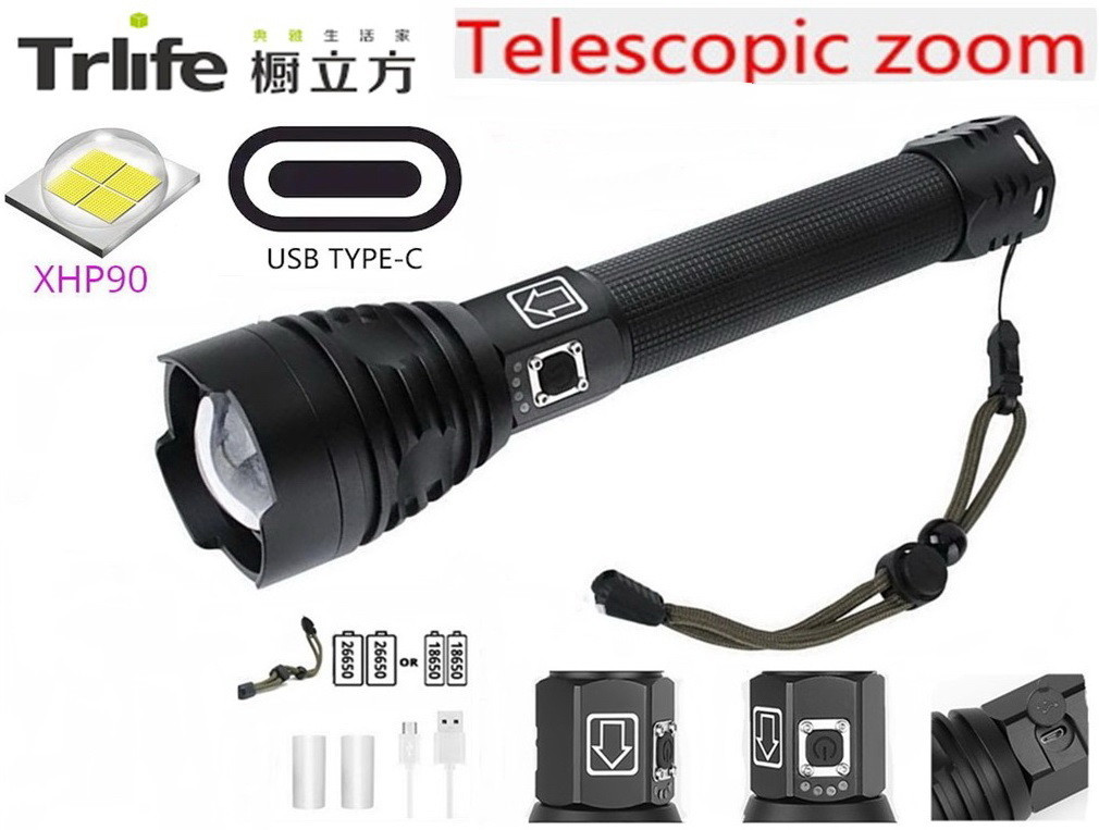 Потужний ліхтар TRLIFE XHP90 (3000LM, USB-C, ЗУМ ,26650/18650) Convoy Police Boruit xhp50 xhp70, Без батареї