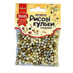 Рисові кульки глазуровані мікс Срібно-білий-золотий 7мм, 50 г