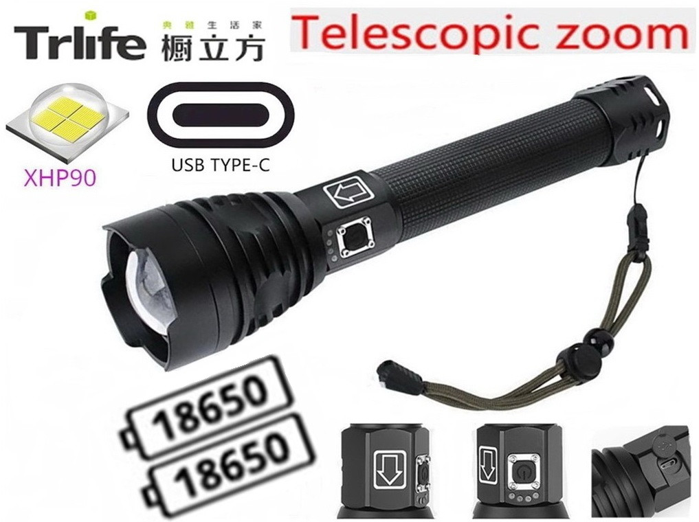 Далекобійний ліхтар з зумом TRLIFE XHP90 + 2 Акумулятора (3000LM, 2×18650, USB Type-C) потужніше XHP70 XHP50, фото 1