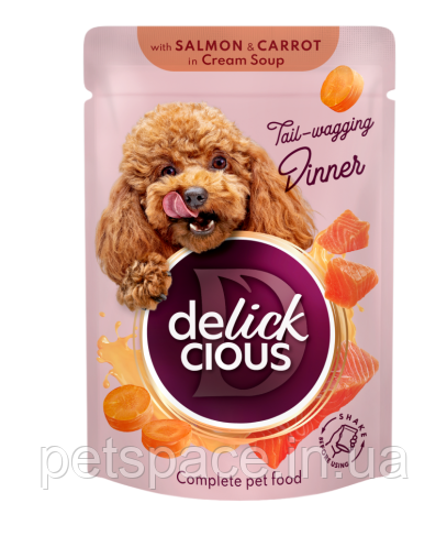 Вологий корм Delickcious Adult (Делішес смужки з лососем та морквою в крем-супі) 85г.
