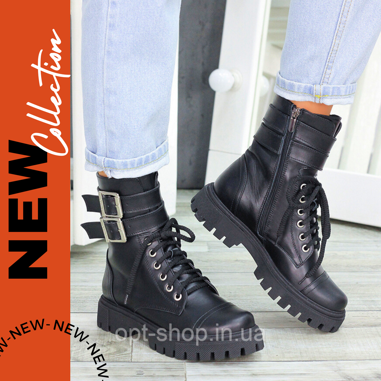 Жіночі зимові Черевики берці чорні шкіряні на хутрі на шнурівці на низькому ходу, фото 1