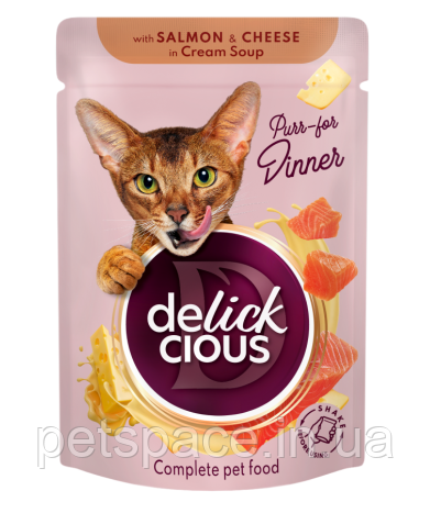 Вологий корм для котів Delickcious (Делішес смужки з лососем та сиром в крем-супі) 80г.
