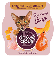 Консерва для котів Delickcious (Делішес суп з сардини з креветками та додаванням гарбуза) 80г.
