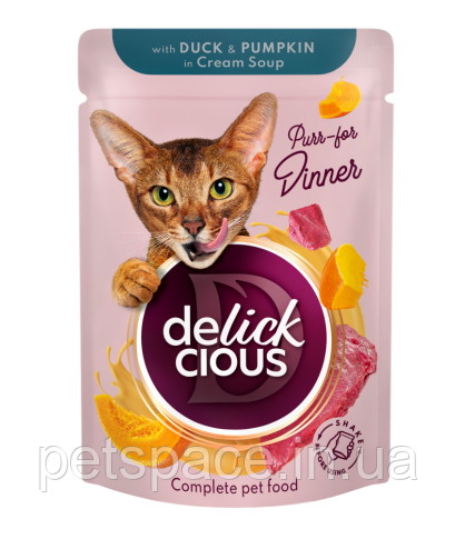 Вологий корм для котів Delickcious (Делішес смужки з качкою та гарбузом в крем-супі) 80г.