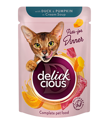 Вологий корм для котів Delickcious (Делішес смужки з качкою та гарбузом в крем-супі) 80г.