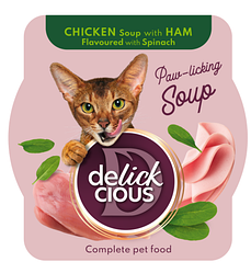 Консерва для котів Delickcious (Делішес суп з курки з шинкою та додаванням шпинату) 80г.