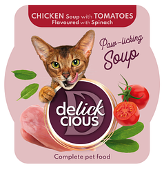 Консерва для котів Delickcious (Делішес суп з курки з томатами та додаванням шпинату) 80г.