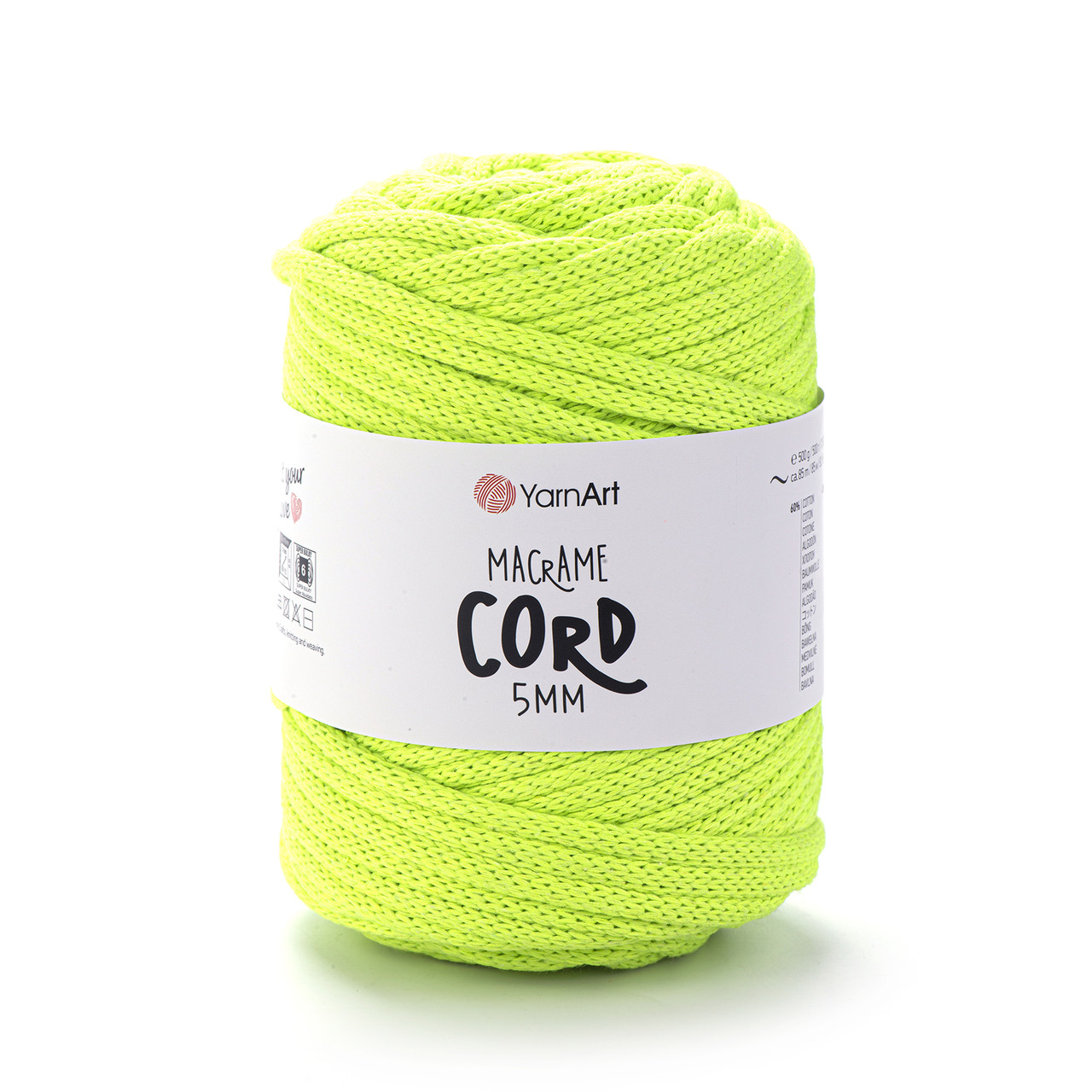 Пряжа Yarnart Macrame Cord 5 мм № 801 яскраво-салатовий (Пряжа напівбавовна, нитки для в'язання), фото 1