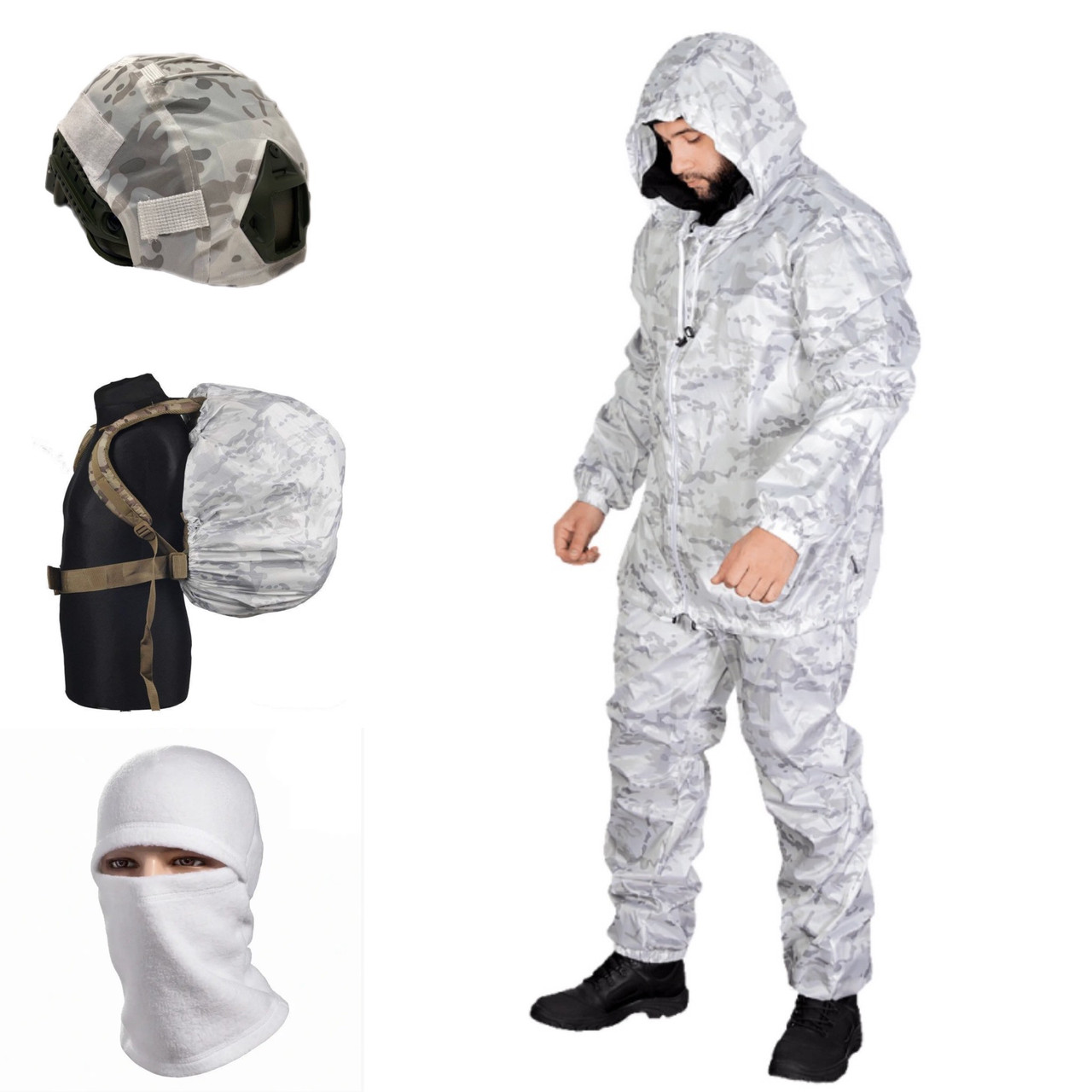Зимовий маскувальний комплект 4 в 1 Multicam Alpine — костюм, кавер на рюкзак, балаклава, кавер на каску FAST