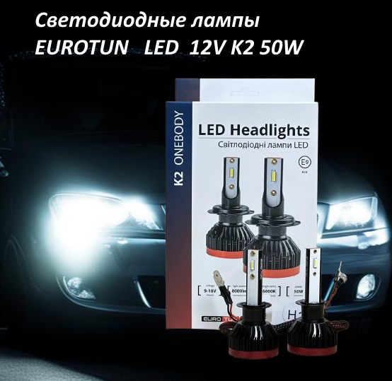 Світлодіодні лампи EUROTUN LED 12 V K2 50 W 8000 L 6000 K радіатор + вентилятор, фото 1