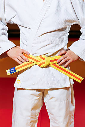 Пояс для кімоно дзюдо Judo Belt Kintayo Yuko Yellow Orange жовто-помаранчевий довжина 240 см зріст 160 см, фото 3