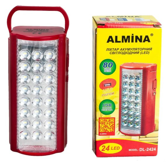 Ліхтар акумуляторний світлодіодний USB ліхтар ALMINA DL-2424, 24 LED з павербанком червоний