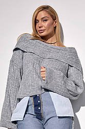 Вільний в'язаний светр із підворотом і відкритими плечима (р. 42-46) 14043417
