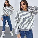 Теплий жіночий светр із фактурною ниткою “травка” принт зебра — сірий, пудра, блакитний, кемел, фото 2