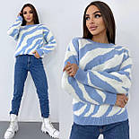 Теплий жіночий светр із фактурною ниткою “травка” принт зебра — сірий, пудра, блакитний, кемел, фото 4