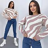 Теплий жіночий светр із фактурною ниткою “травка” принт зебра — сірий, пудра, блакитний, кемел, фото 8