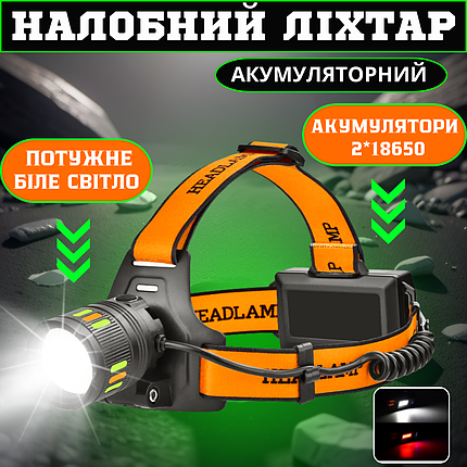 Налобний ліхтар з флуоресцентним розфарбуванням зумом BL-T203 акумуляторний ліхтарик регульований нахил, фото 1