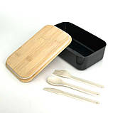 Ланчбокс Bamboo One 1000 мл однорівневий з дерев'яною кришкою та столовим приладдям чорний (LB-166335), фото 6