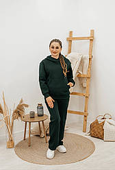 Теплий жіночий спортивний костюм на флісі з худі, темно-зеленого кольору