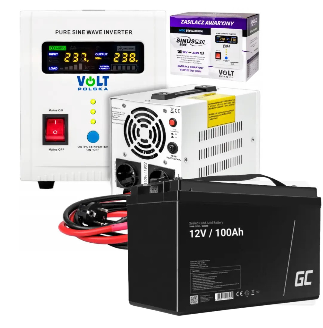 Аварійний комплект живлення Volt Polska SINUS PRO 800E 12/230V 500/800W+Акумулятор Green Cell AGM VRLA 100Ah 12V
