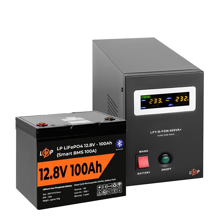 Комплект резервного живлення LogicPower ДБЖ 12V LPY-B-PSW-800VA з LiFePO4 акумулятором 12V-100Ah, фото 1
