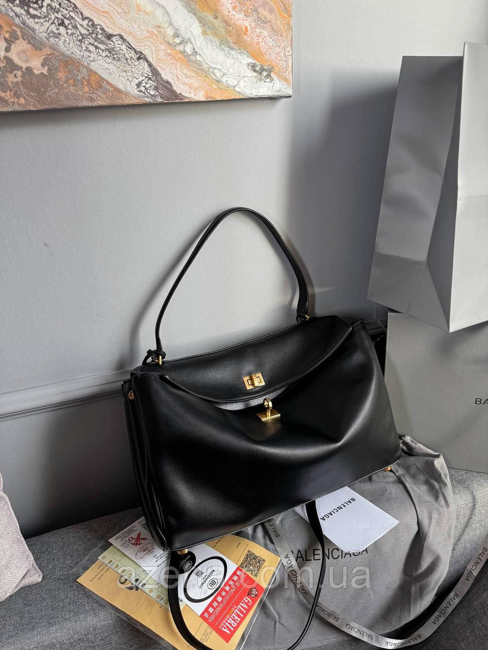 Натуральна люксова чорна жіноча сумка Balenciaga Rodeo Large Black Gold Leather шкіряна сумка повсякденна