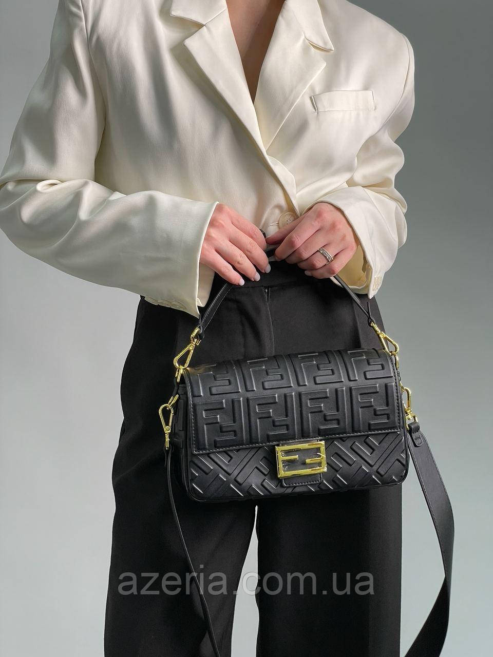 Класична жіноча сумка Fendi Baguette Black Leather Bag сумка-багет шкіряна жіноча сумка крос-боді