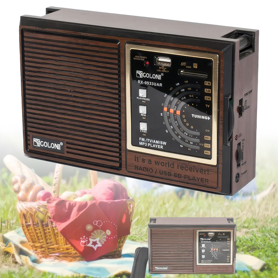 Радіоприймач на акумуляторі та батарейках з ремінцем Golon RX-9933UAR USB SD Card Коричневий, фото 1