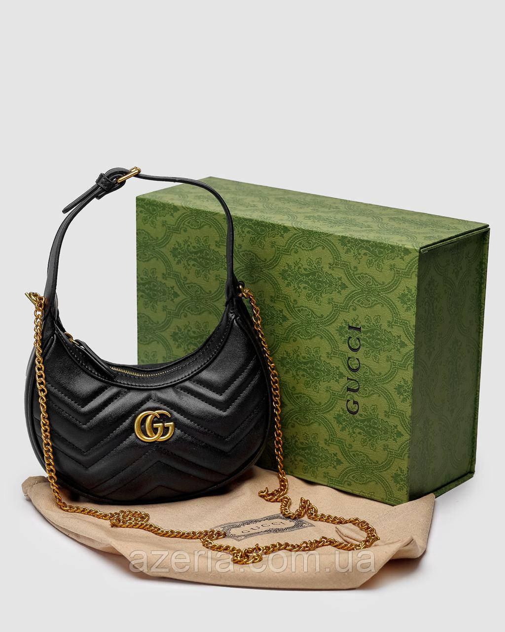 Стильна шкіряна жіноча сумка Gucci Half Moon Marmont Leather Shoulder Bag міні сумка хобо чорна сумка-хобо