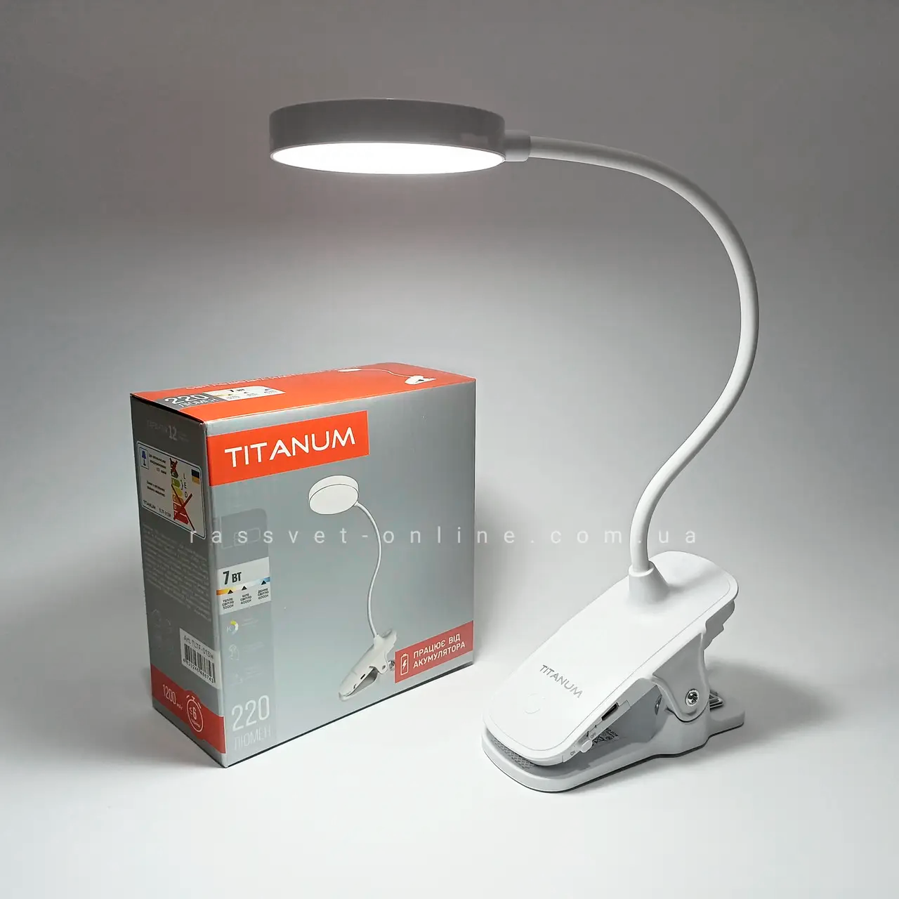 Настільна LED лампа з акумулятором TITANUM TLTF-013W 7W 3000-6000K USB 220Lm 1200mAh Li-ion біла прищіпка