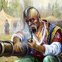 Картина на полотні "Старий козак з люлькою біля пушки", 60×43см, фото 3