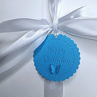 Бірка "Happy Birthday" з дизайнерського картону (65х65мм.) блакитна