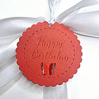 Бірка "Happy Birthday" з дизайнерського картону (65х65мм.) червона