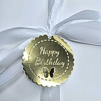 Бірка "Happy Birthday" з дизайнерського картону (65х65мм.) золота