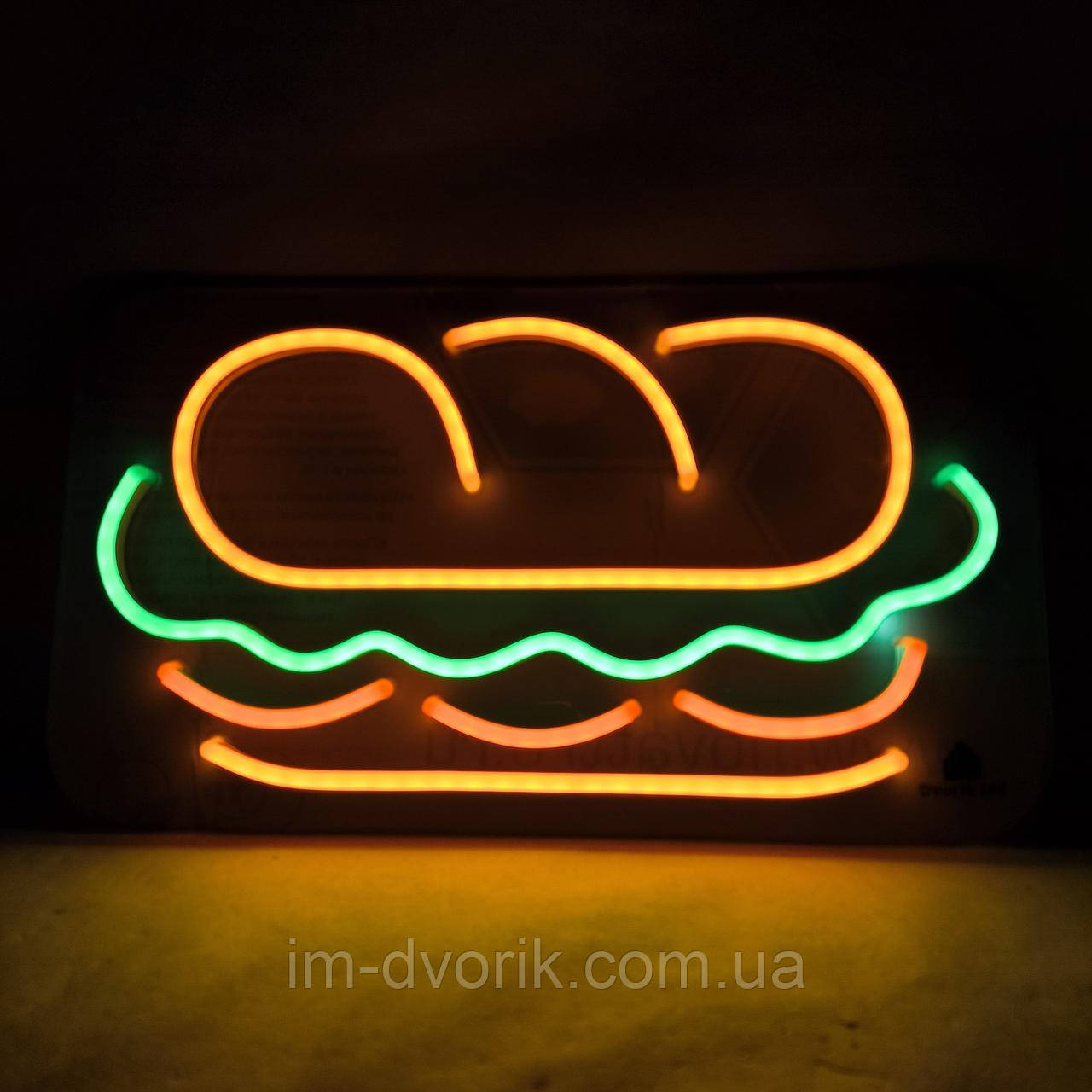 Неонова вивіска "Бургер" 350х200мм різнокольорова з димером і блоком живлення, фото 1
