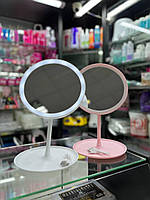 Дзеркало з підсвіткою для макіяжу настільне косметичне (біле, рожеве) 28 см